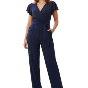 Spense Navy Cross Over Front Jumpsuit Size 10 Pockets Tie Belt Flutter Sleeve